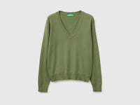 Olive green V-neck sweater in tricot cotton - ucb_image_FS