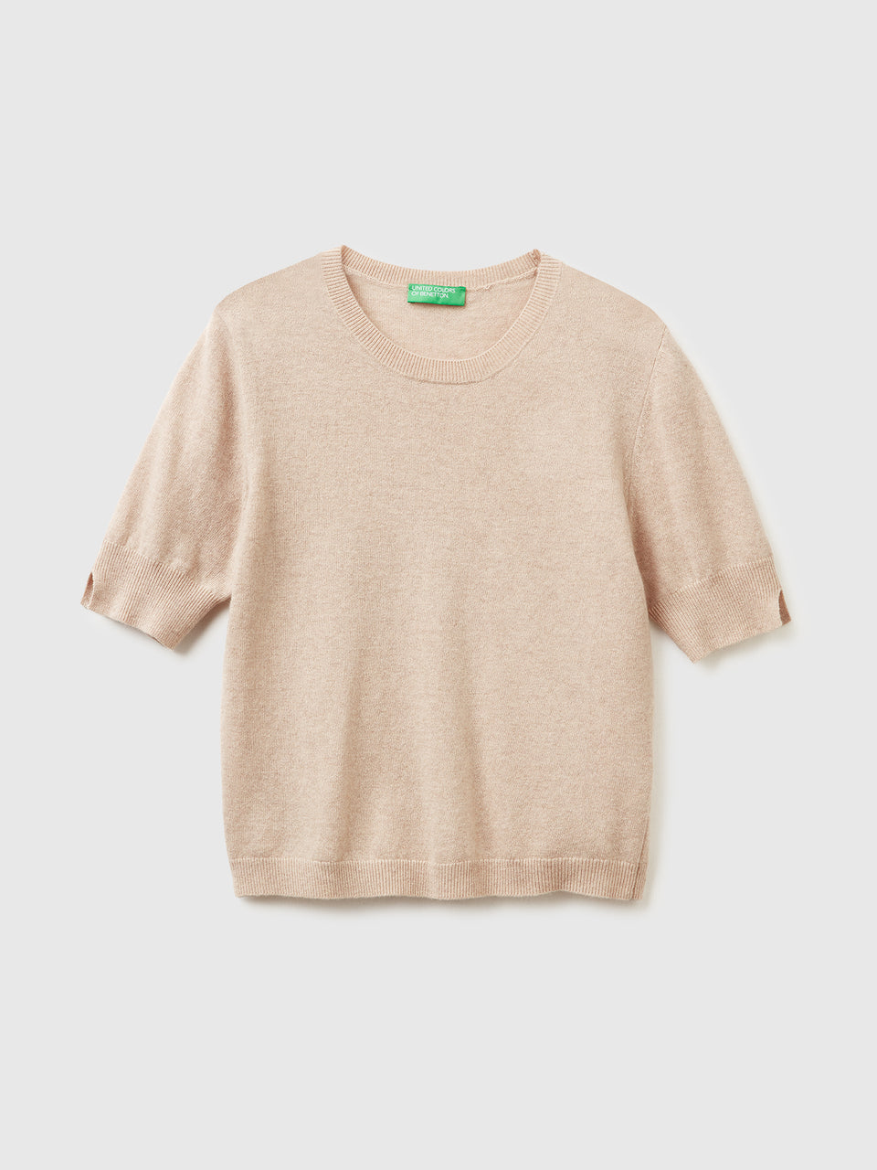 Camisola de manga curta bege em pura lã Merino - ucb_image_FS