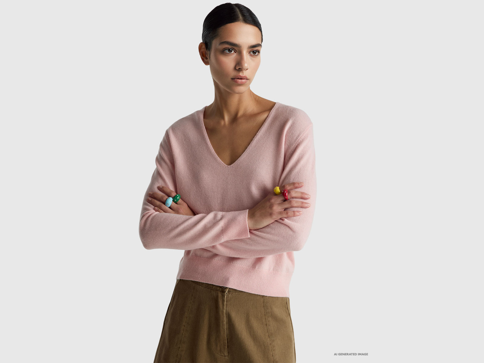 Camisola rosa pó com decote em V em pura lã Merino - ucb_image_F
