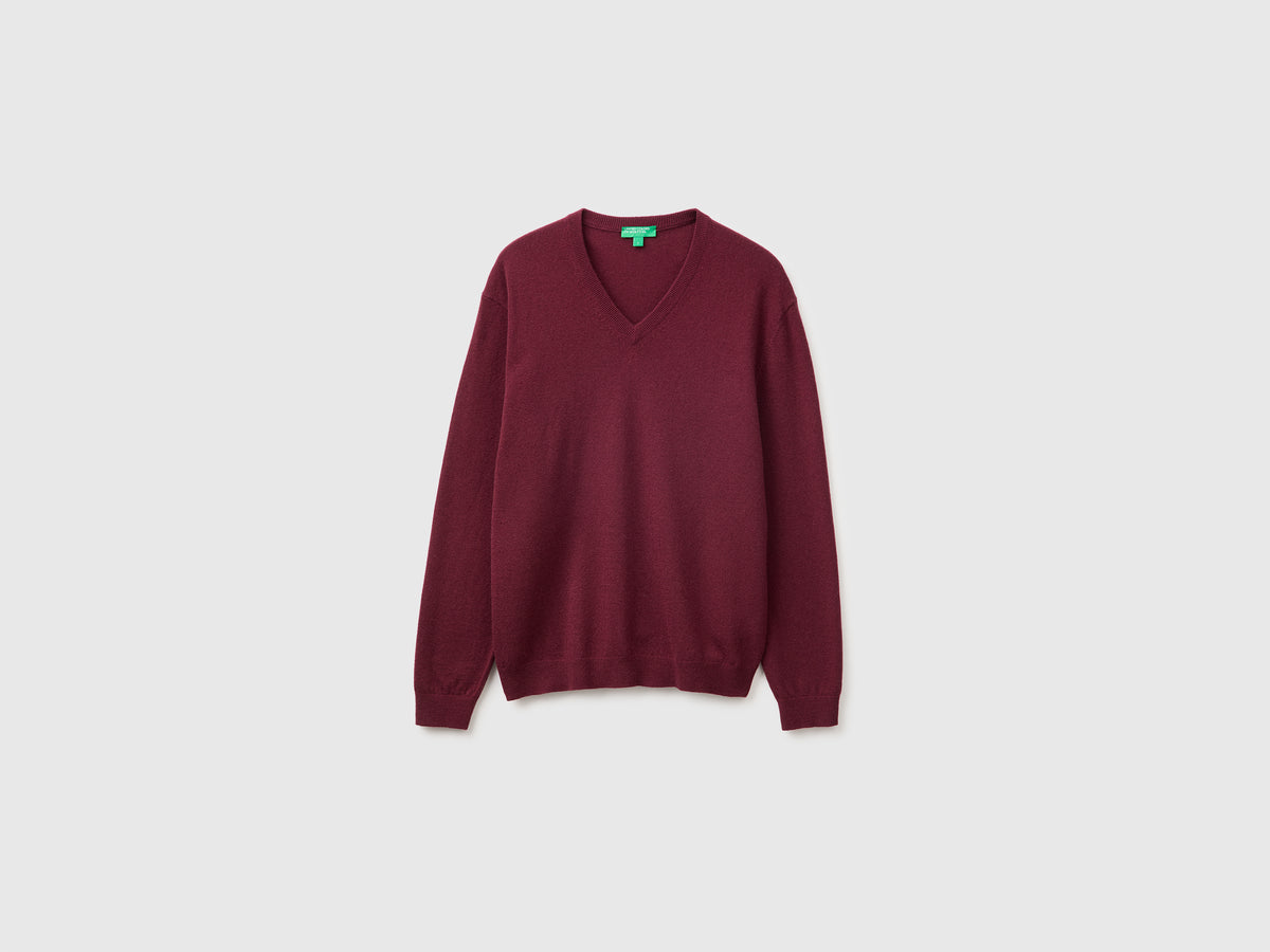 Camisola decote em V bordô em pura lã Merino - ucb_image_FS