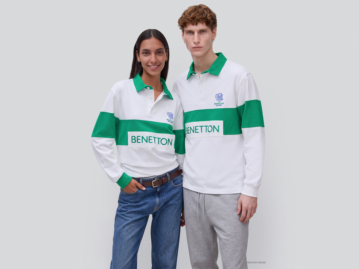 White and green Benetton Rugby polo shirt, 100% cotton