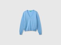 Camisola decote em V azul-claro em pura lã Merino - ucb_image_FS