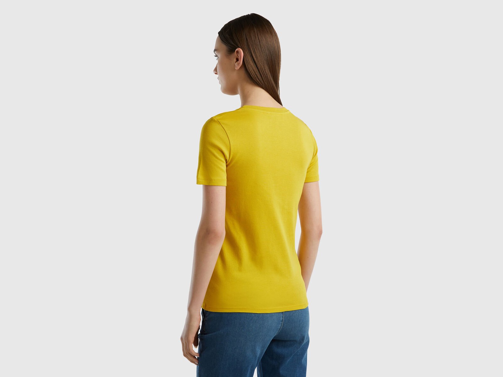 T-Shirt aus reiner - Baumwolle Gelb Benetton | mit V-Ausschnitt