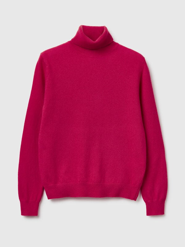 Fuchsiafarbener Rollkragenpullover aus reiner Merinowolle Damen