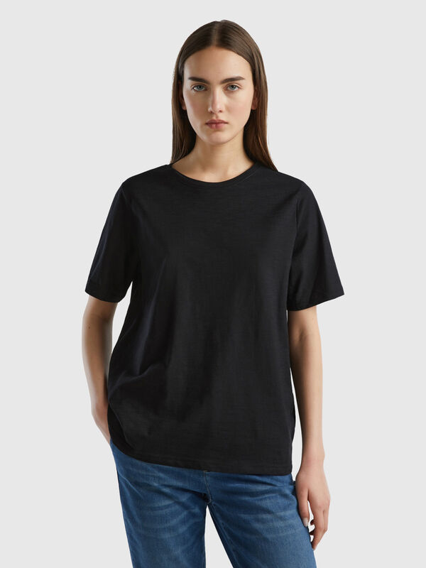 T-Shirt mit Rundhalsausschnitt aus geflammter Baumwolle Damen
