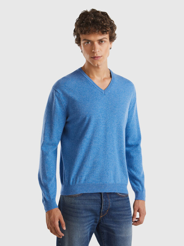 Blau melierter Pullover mit V-Ausschnitt aus reiner Merinowolle Herren