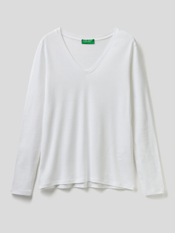 langen Ärmeln und Benetton - | V-Ausschnitt Weiss T-Shirt mit