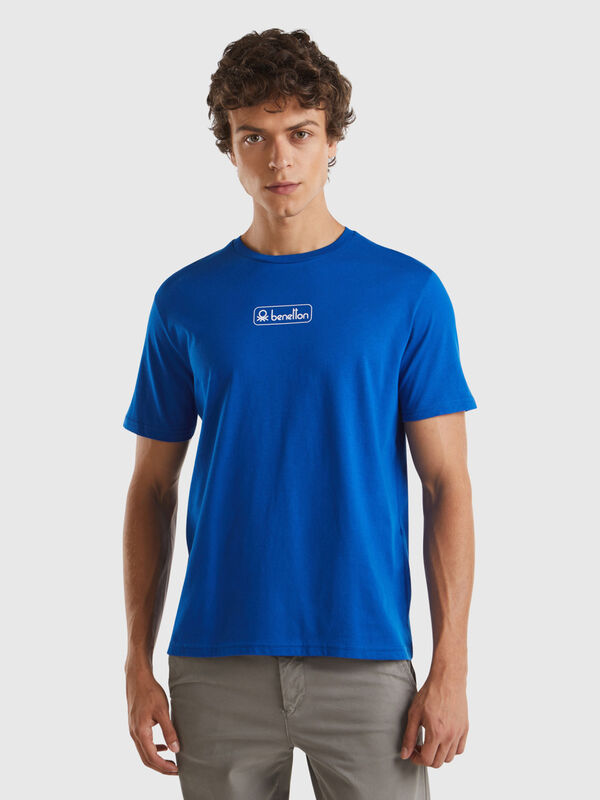 Blaues T-Shirt aus Bio-Baumwolle mit weißem Logo Herren