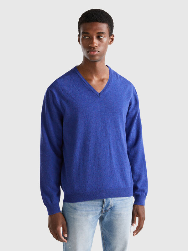 Blau Pullover aus Merinowolle mit V-Ausschnitt
