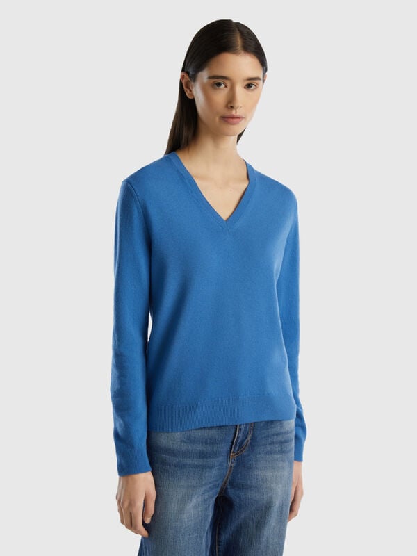 Pullover mit V-Ausschnitt in Blau aus reiner Merinowolle Damen