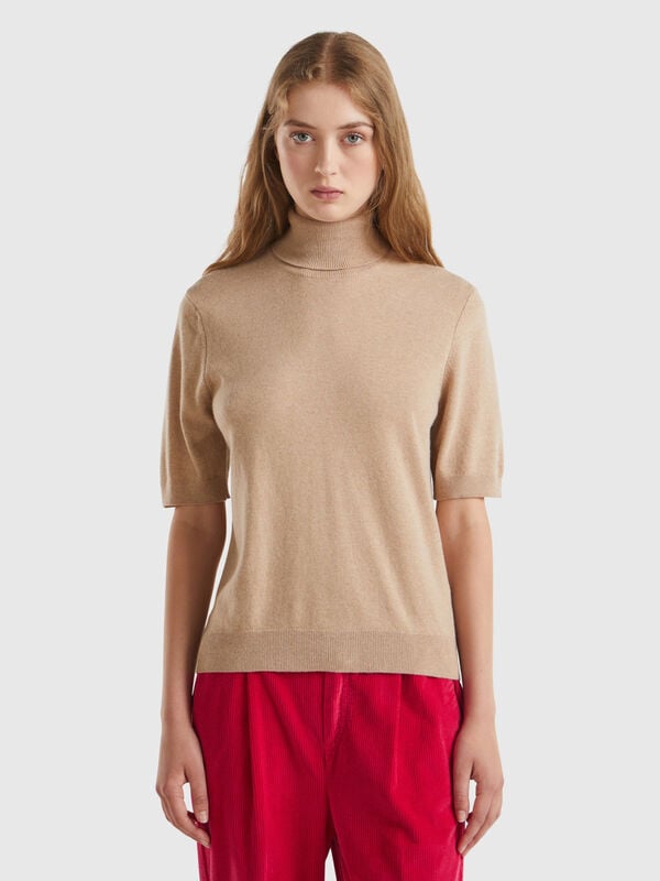 Kurzärmeliger Rollkragenpullover in Kamelbraun aus gemischtem Cashmere Damen