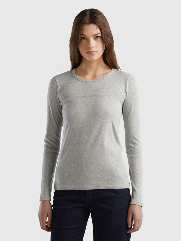 Langärmeliges graues T-Shirt aus 100% Baumwolle Damen