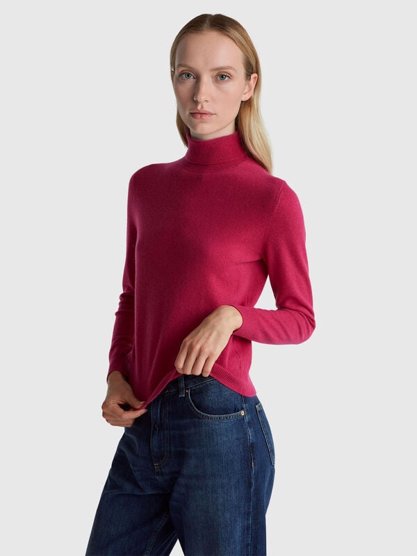 Fuchsiafarbener Rollkragenpullover aus reiner Merinowolle Damen