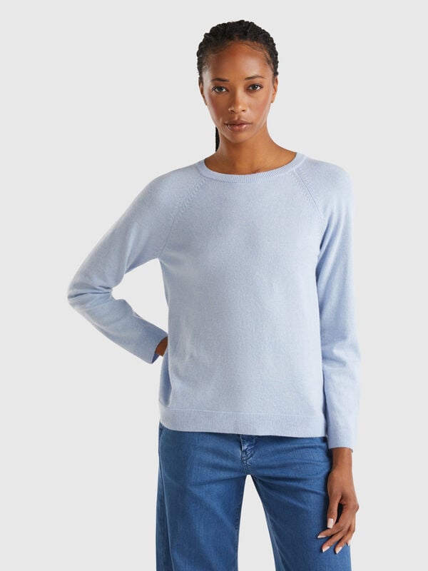 Rundhalspullover in Graublau aus gemischter Wolle und Cashmere Damen