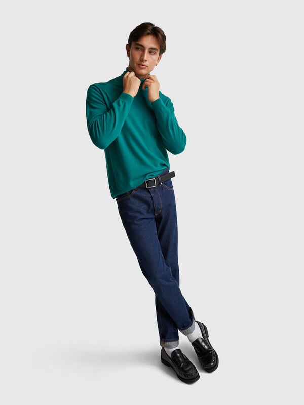 Waldgrüner Rollkragenpullover aus reiner Merinowolle Herren