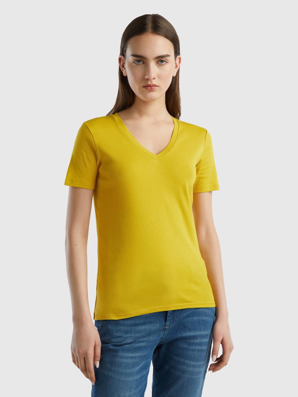 mit reiner - V-Ausschnitt Benetton Gelb Baumwolle aus | T-Shirt